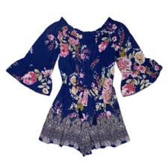 Angie Women's Floral Bell Sleeve Romper - Picture 2 of 4